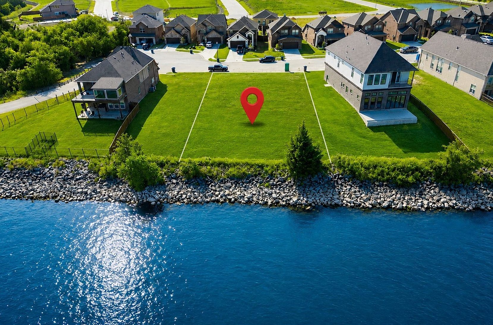Aerial view of the homesite at 18027 Lake Ray Hubbard Drive, marked with a pin, on the shoreline